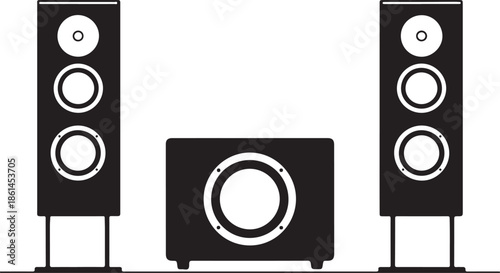 Black and white illustration of multiple speakers and a subwoofer on stands