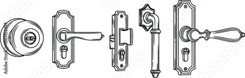 Line art vector set of 5 Door Handles styles round knob lever handle vintage latch and pull bar