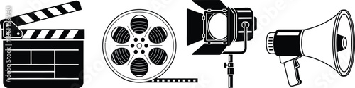 Flat vector set of 4 Video Production tools clapperboard film reel studio light and directors megaphone