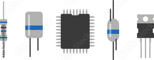 Flat style illustration of 5 Electronic Components resistor capacitor microchip diode and transistor