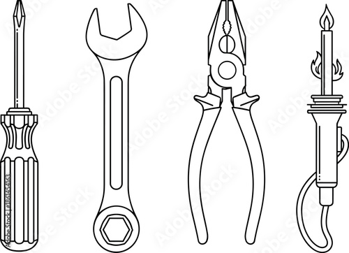 Professional Repair Tool Set Vector Illustration Featuring Phillips Screwdriver Open End Wrench Combination Pliers and Electric Soldering Iron Line Icons