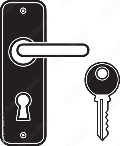 Black and white illustration of a door handle with key and lock