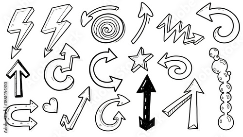 A set of hand-drawn arrows and symbols on transparent background for business presentations and infographics