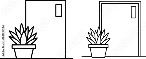 Simple line drawing of a potted plant next to a door, symbolizing home and growth.