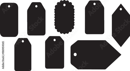 Collection of assorted blank black price tags on white background