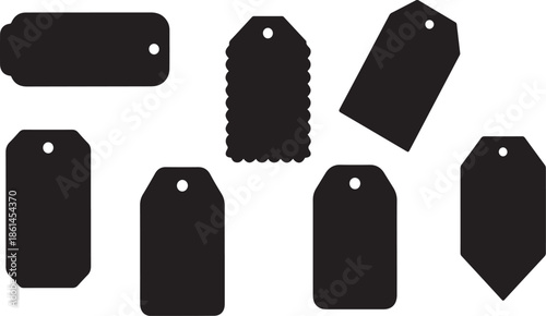 Collection of assorted blank black price tags on white background