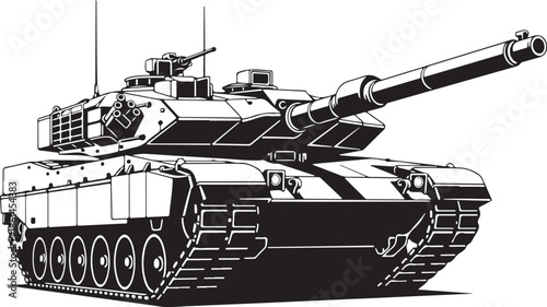 Detailed black and white illustration of a modern military tank with two guns and treads
