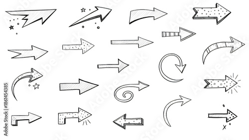 A set of white hand-drawn arrows on a transparent background for use in graphic design and presentations