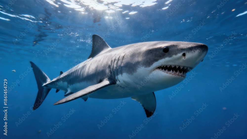 Fototapeta premium Powerful Great White Shark swimming beneath the ocean surface showing sharp teeth and illuminated by bright sunbeams.