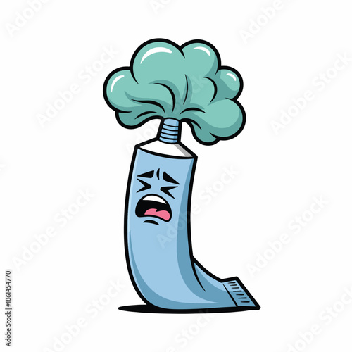 A cartoon tube of toothpaste with a shocked expression and green toothpaste exploding out of the top in a comical, surreal scene.
