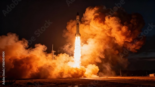 Dramatic night launch of a powerful space exploration rocket leaving brilliant orange exhaust plumes against the dark sky.