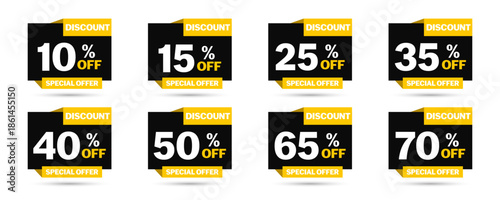 Discount labels with percentage values and bold shapes. Promotional sale badges for retail marketing use