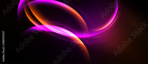Abstract glowing shapes overlap, creating vibrant energy. Dark background emphasizes bright curves, gradients, luminosity.
