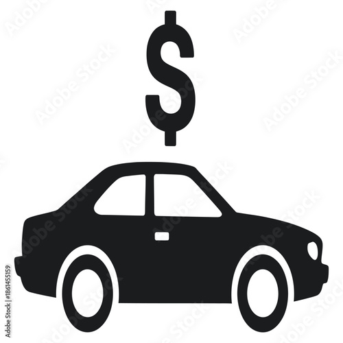 Car icon with dollar sign above representing automotive finance and cost related to vehicle ownership and investment in transportation