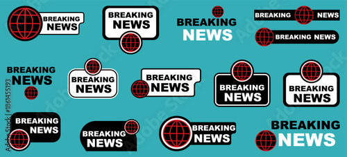 Breaking news banners collection with globe symbols. Media headline labels for television broadcast and journalism