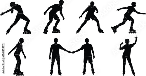 Collection of eight roller skating silhouettes including men and women in various poses and action movements for active lifestyle vector design