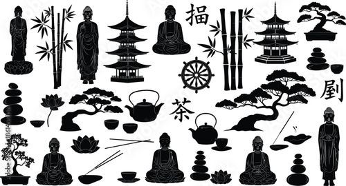 Large collection of zen and asian culture silhouettes including buddha statues bonsai trees pagodas tea sets and bamboo for vector design