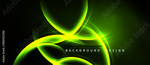 Abstract green light streaks form flowing shapes. Dark background emphasizes vibrant energy, modern design elements present.
