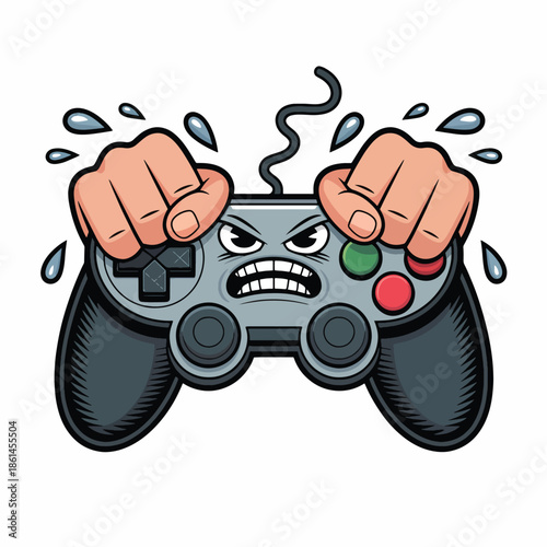 A cartoon illustration of two angry fists gripping a gray video game controller with a furious face, surrounded by sweat drops on a white background with a surreal mood.