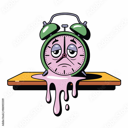 A surreal illustration of a sad, melting alarm clock with a green border and pink face on a wooden surface against a white background.