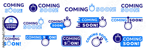 Coming soon label set with stopwatch icons. Promotional announcement badges in modern flat style