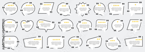 Quote speech bubbles set with rating stars. Review frames for testimonials feedback and customer opinions