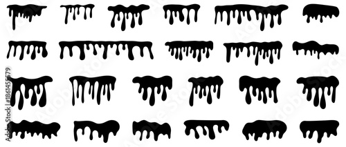 Black dripping paint and liquid slime shapes. Horror style decorative elements with flowing drops