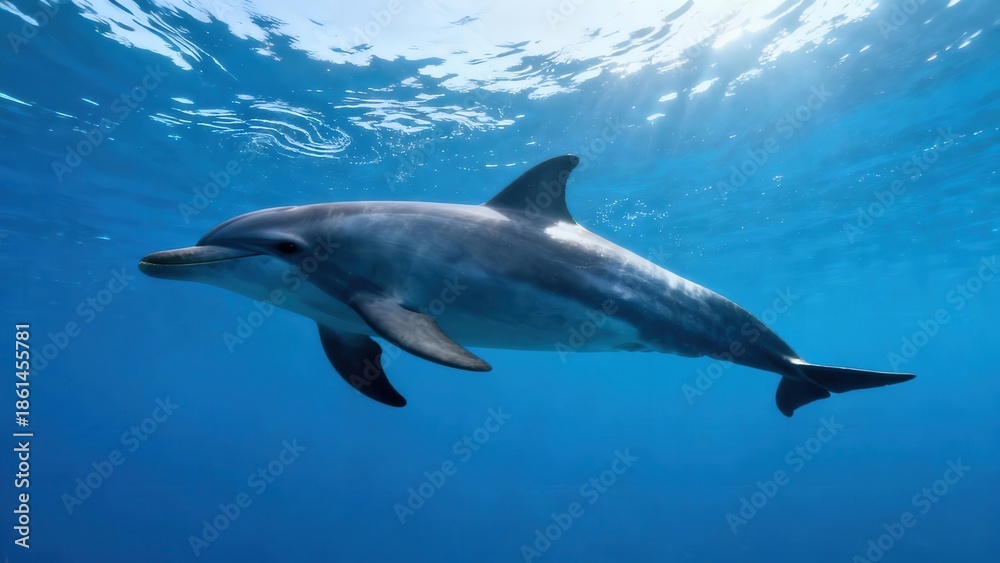Fototapeta premium Bottlenose dolphin swimming gracefully in deep blue ocean water, viewed from below with bright sunlight rays shining through the surface.