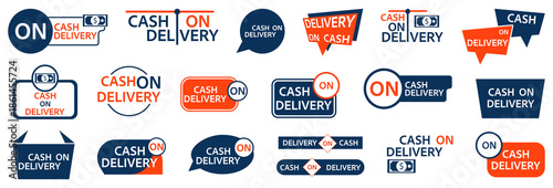 Cash on delivery labels collection with payment icons. E commerce shipping tags for order and courier services