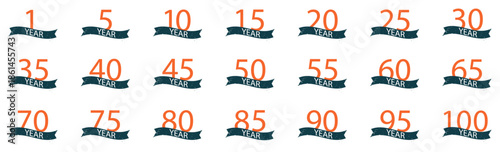 Anniversary year badges with ribbon banners. Celebration labels showing milestone ages and achievements