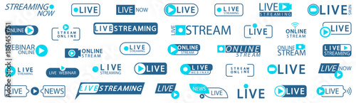 Live streaming and webinar badges set. Online broadcast labels for video media platforms