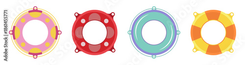 Colorful lifebuoy rings with different designs. Safety flotation devices for rescue and maritime themes