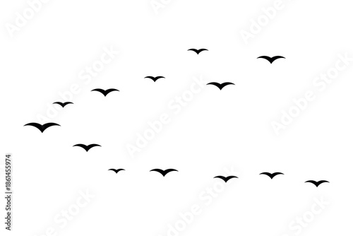 Abstract Minimal Silhouette of Migrating Bird Flock in Open Sky Isolation
