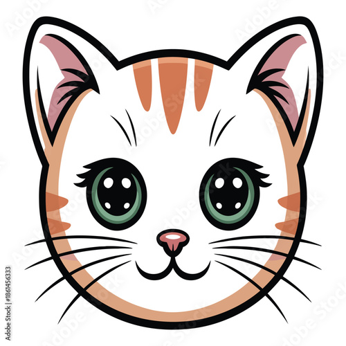 Cute cartoon cat face with big green eyes vector illustration of feline animal with sweet expression and whiskers perfect for kids designs