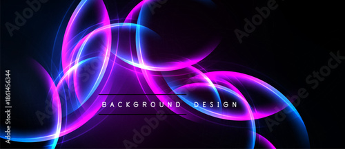 Abstract neon swirls, vibrant purple, blue hues dominate dark background. Text reads background design centered within glowing shapes.