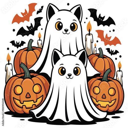 Cute halloween concept with spooky ghosts, scary bat, spooky pumpkin, and glowing candle for trick or treat, haunted house and holiday seasonal party celebration, vector art