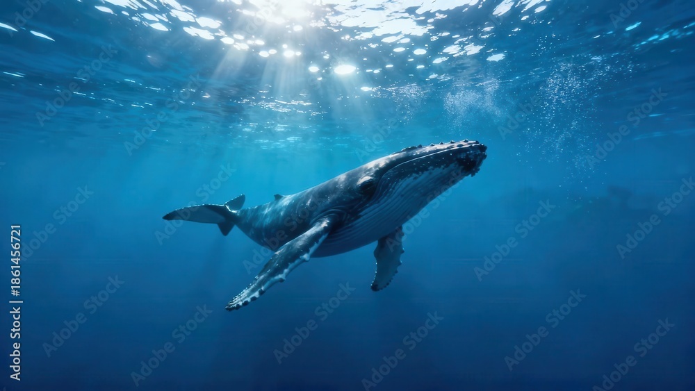 Fototapeta premium Massive Humpback whale gracefully swimming below the water surface with strong sunbeams shining down into the deep blue sea.