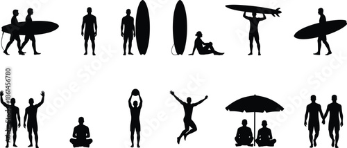 Surfing silhouettes, beach lifestyle, people activities, surfers with surfboards, summer vacation, ocean sport, outdoor recreation, relaxation, yoga, meditation, friendship, 
