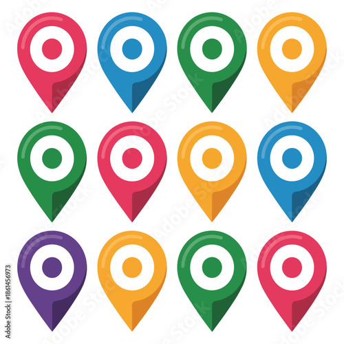Location pin colorful collection depicting maps destinations gps navigation representing places travel tourism guidance showcasing variety of pinpointing locations route
