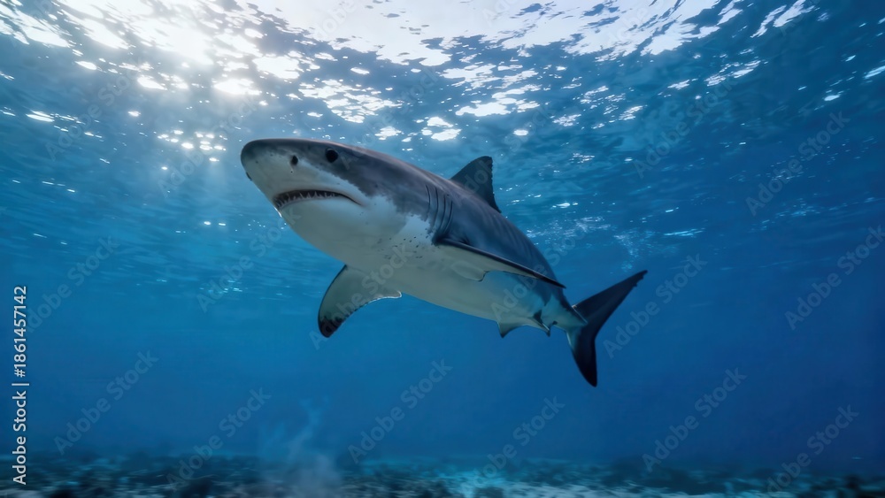 Fototapeta premium Massive Great White Shark swimming in deep blue ocean water illuminated by dramatic sun rays from the surface.