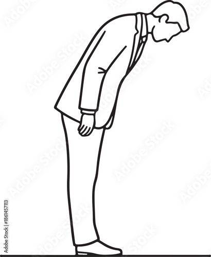 Bold line drawing of businessman bowing down respect greeting corporate concept
