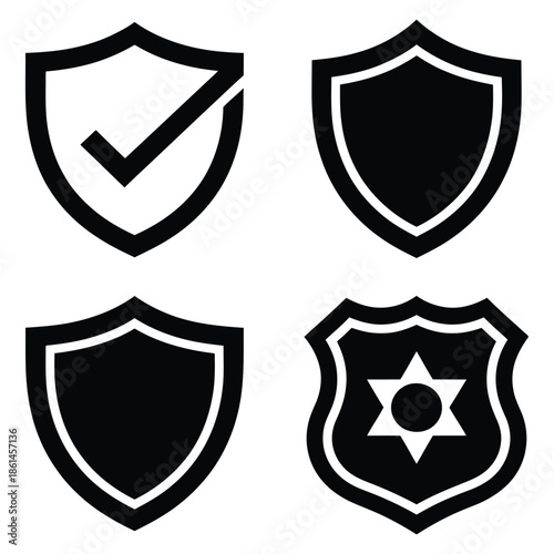 Shield symbols collection depicting security protection authority and badge emblem conveying trustworthiness defense power representing safety assurance strength and official endorsement