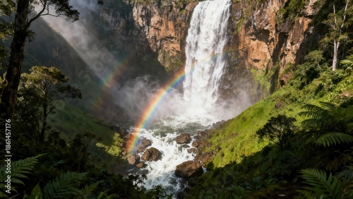 Powerful jungle waterfall cascading down steep rock cliffs, creating thick mist and a vibrant natural rainbow under bright sunlight.