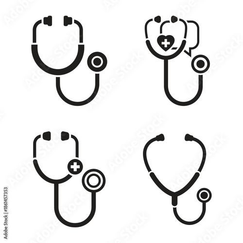 Set of four flat design stethoscope icons in black, representing medical diagnosis, healthcare, and health services with heart and cross symbols.