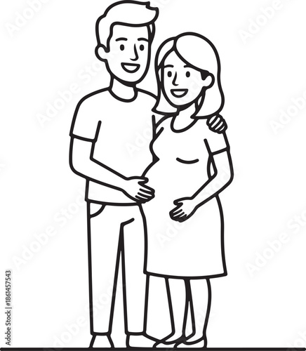 Bold line drawing of standing man with pregnant woman family parenthood concept