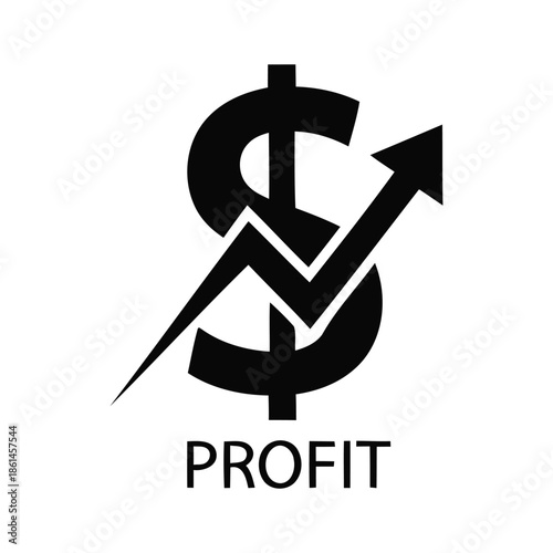 Black dollar sign with an upward trending graph and "PROFIT" text. Symbolizes financial growth, business success, and increasing investment returns.