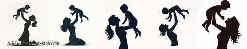 Silhouette of a Happy Mother Lifting a Child Vector Illustration