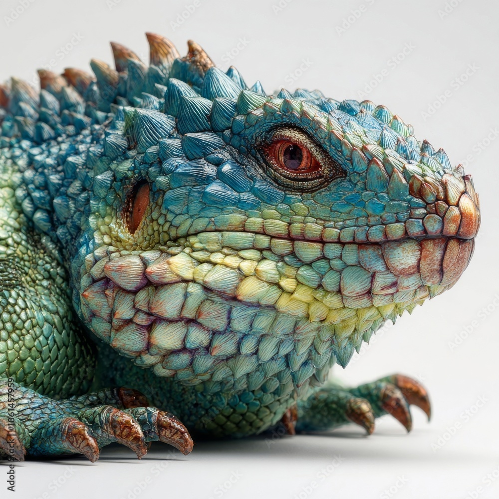 Obraz premium Detailed Portrait of a Blue Spiny Lizard with Brown Claws on White Background - Exotic Pet Reptile Close-Up Macro Shot.