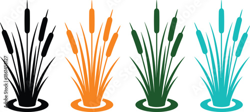 Cattail reed plant icon set, wetland marsh vegetation illustration, aquatic nature symbols, colorful silhouette vector design
