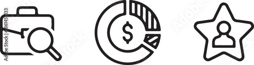 Bold line business icons briefcase search investment pie chart star investor success